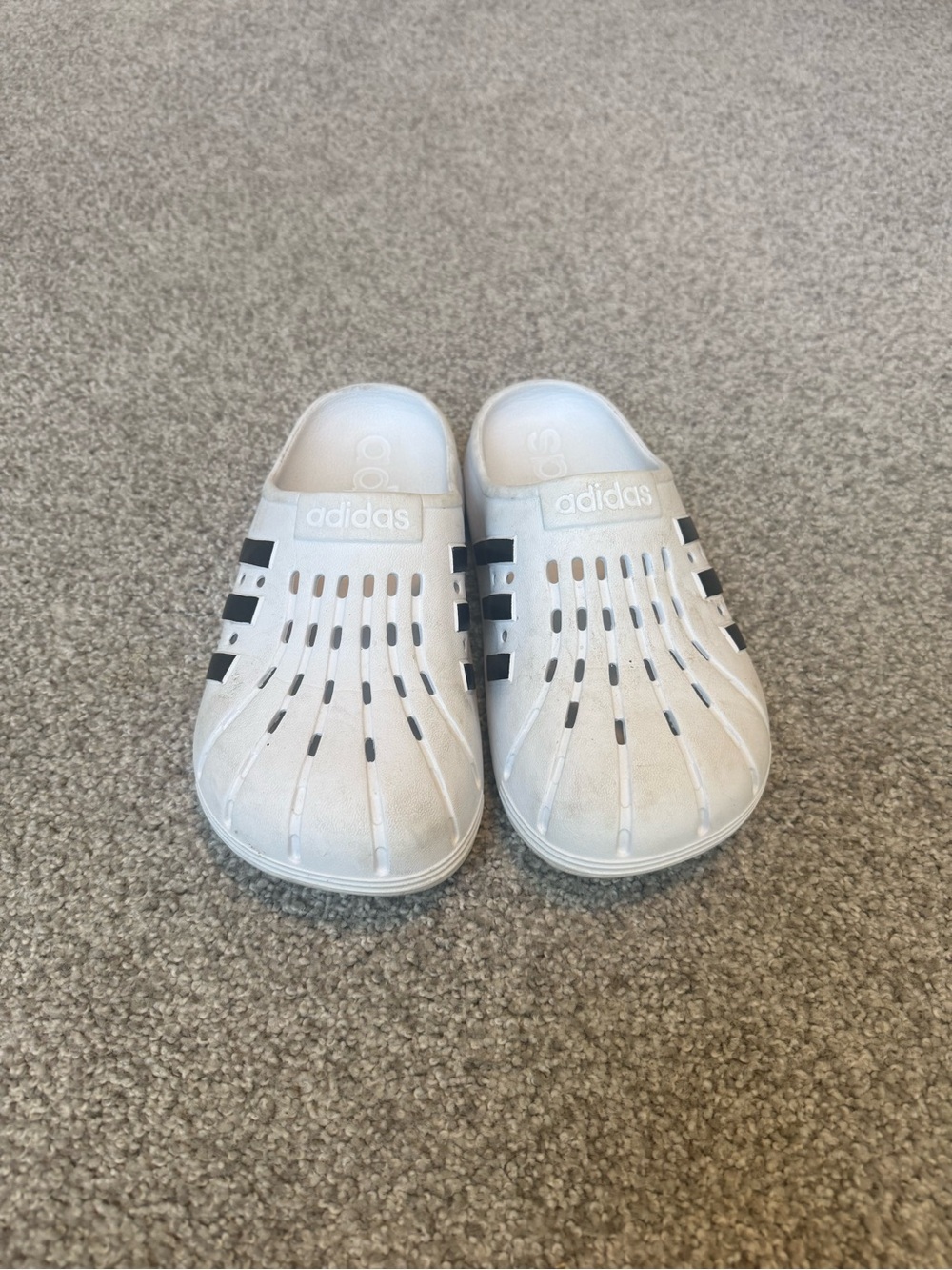 adidas White Kids Slip-On Sandal with Black Stripes